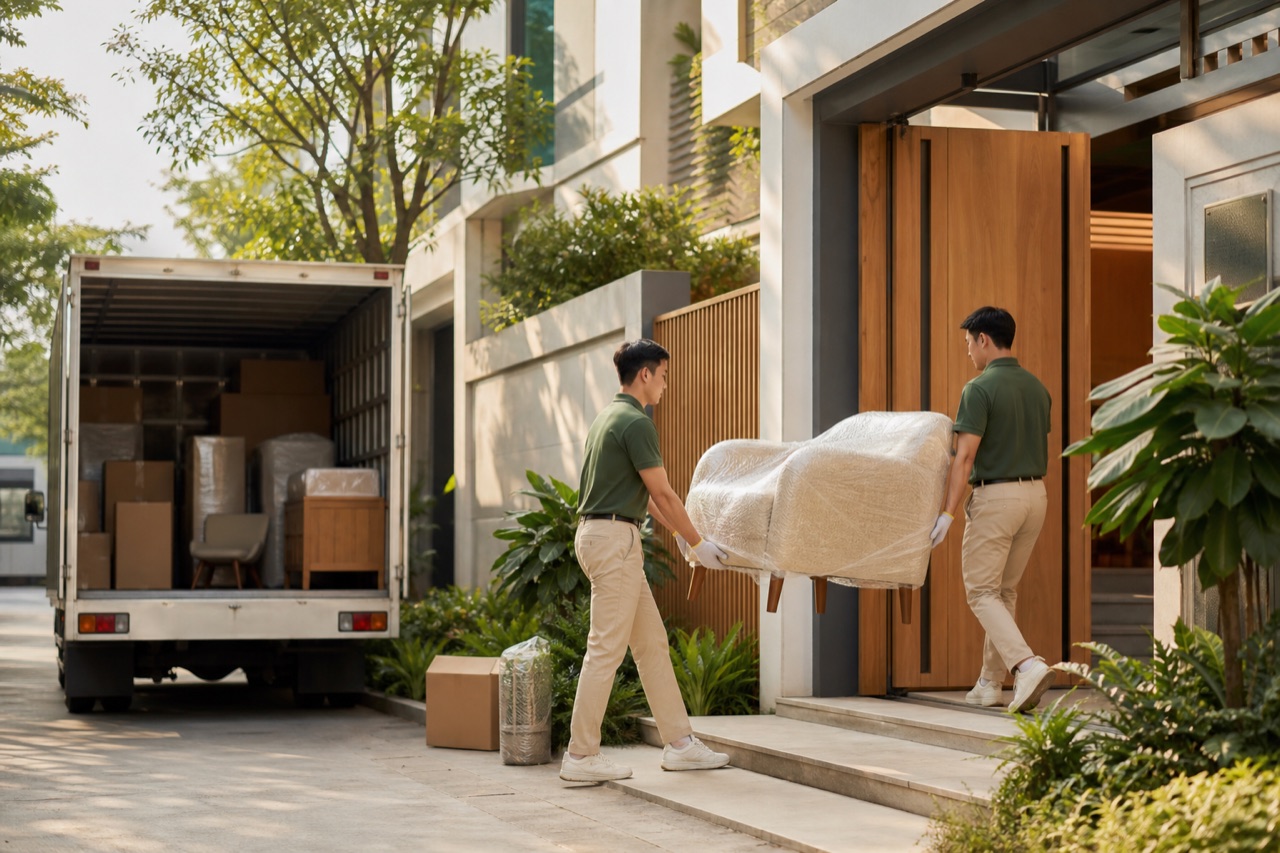 Nhân viên giao nội thất được đóng gói cẩn thận đến nhà khách hàng