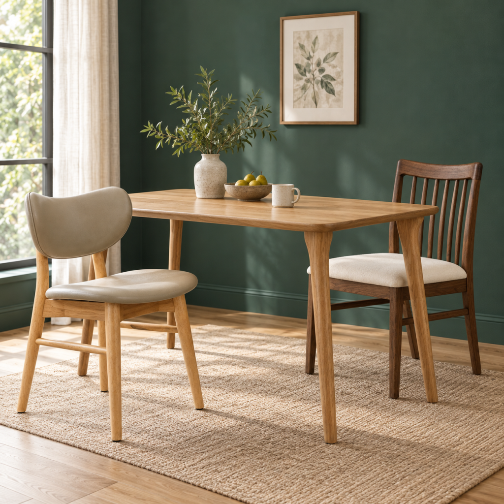 Phối ghế và bàn gỗ cho không gian ấm cúng